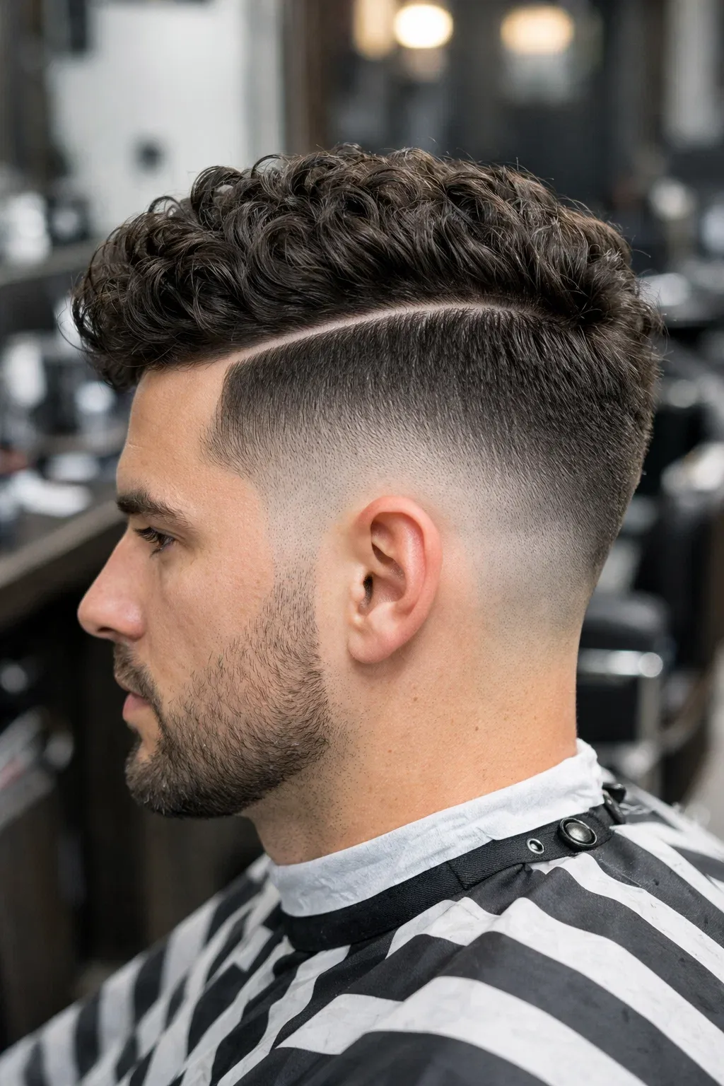 Low Fade with Hard Part and Curls