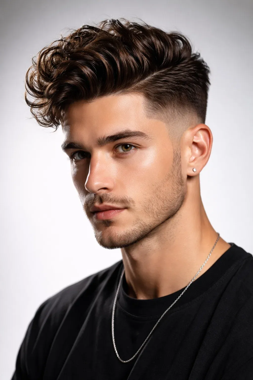 Mid Fade with Curly Pompadour