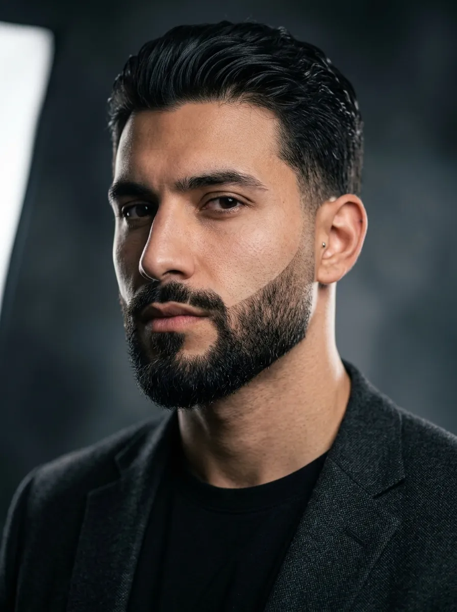 A beard style emphasizing sharp jawline edges