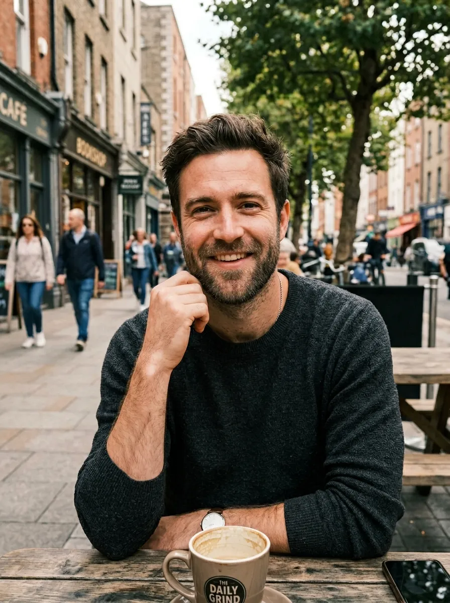 A casual portrait of a man with thick medium stubble beard