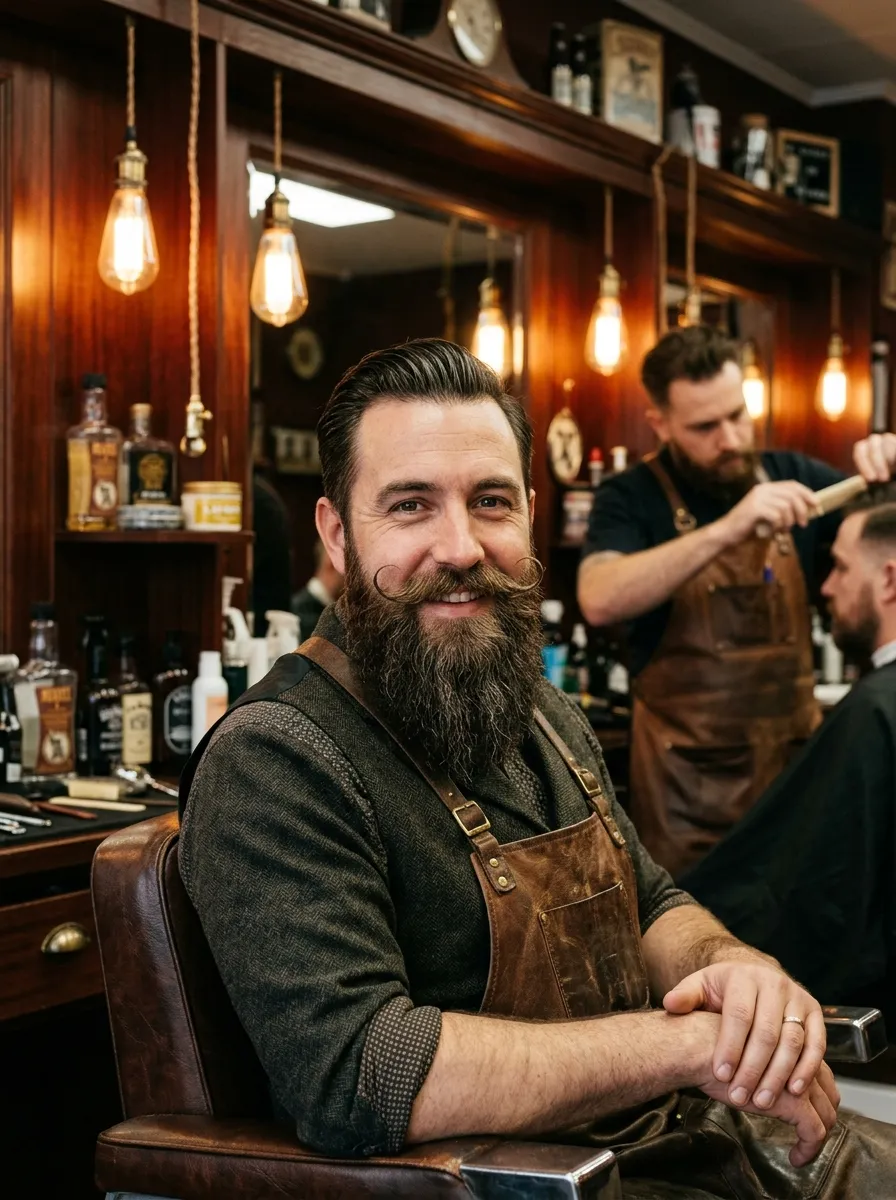 A charismatic man with a full ducktail beard paired with an elegant, waxed handlebar mustache