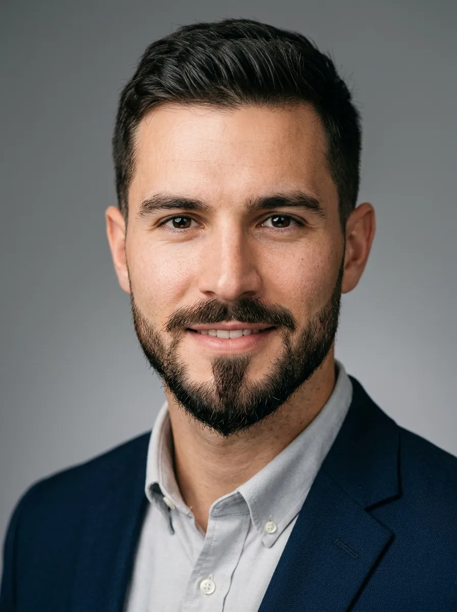 A clean-cut man in his late 20s with a short ducktail beard