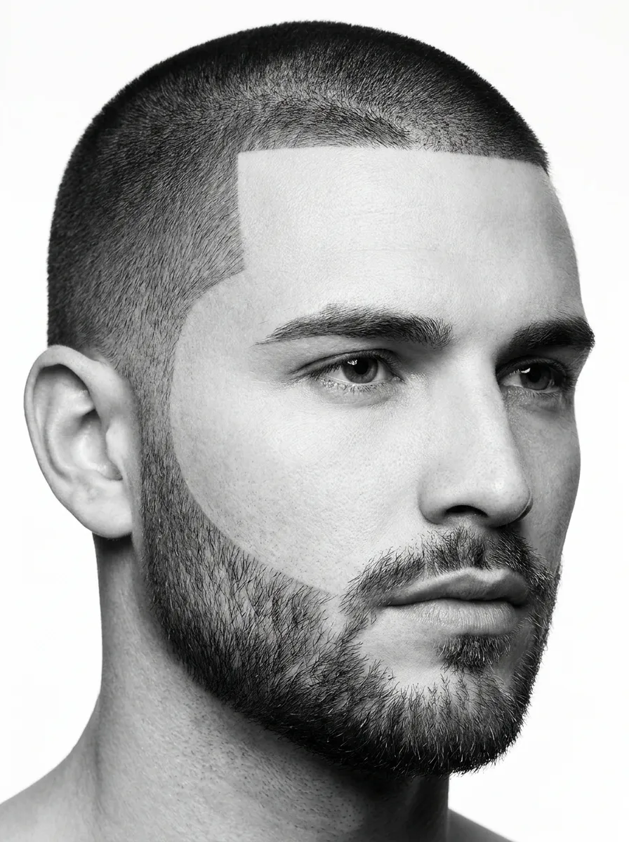 A close up front portrait emphasizing the razor sharp line up along the forehead and temples of a buzz cut