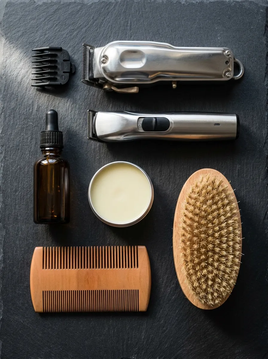 A close up overhead flat lay of professional men's grooming tools