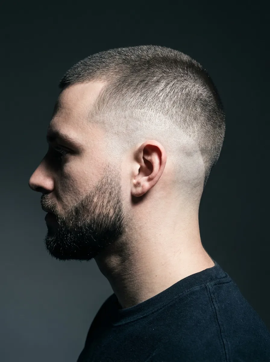A close up portrait emphasizing the high skin fade