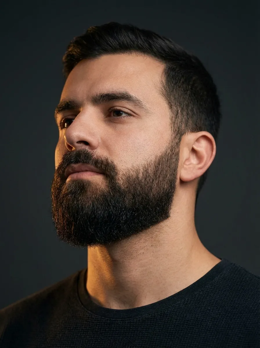 A close-up portrait focused on a man with an immaculate ducktail beard