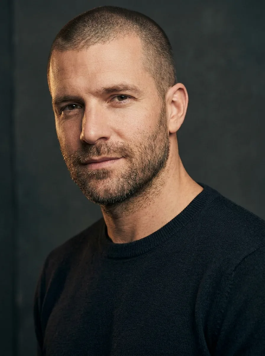 A close up portrait of a man with a uniform buzz cut