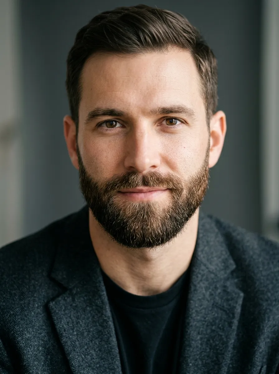 A close up professional portrait of a man with a perfectly balanced medium beard