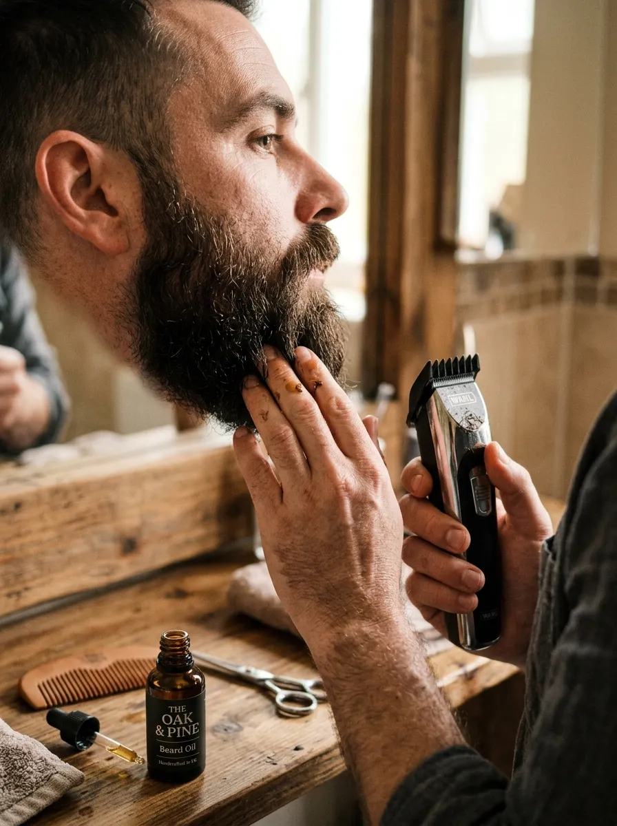 A close up shot of beard grooming process