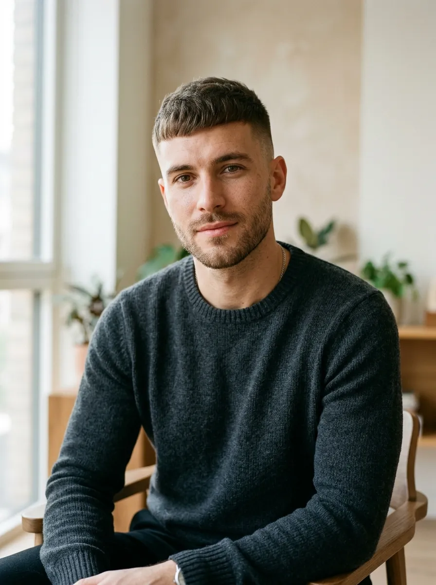 A contemporary portrait of a younger man with a French crop inspired buzz cut