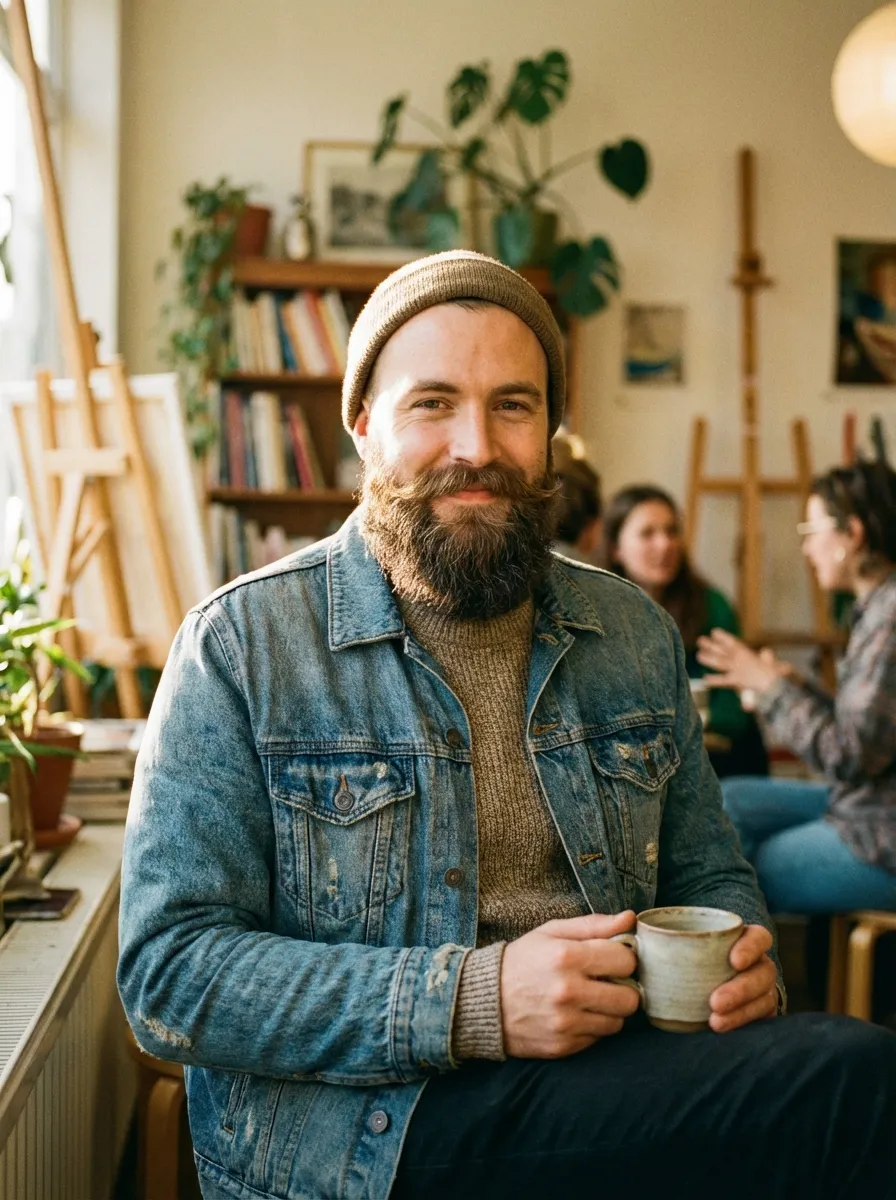 A creative man in his early 30s with a relaxed hipster-style ducktail beard