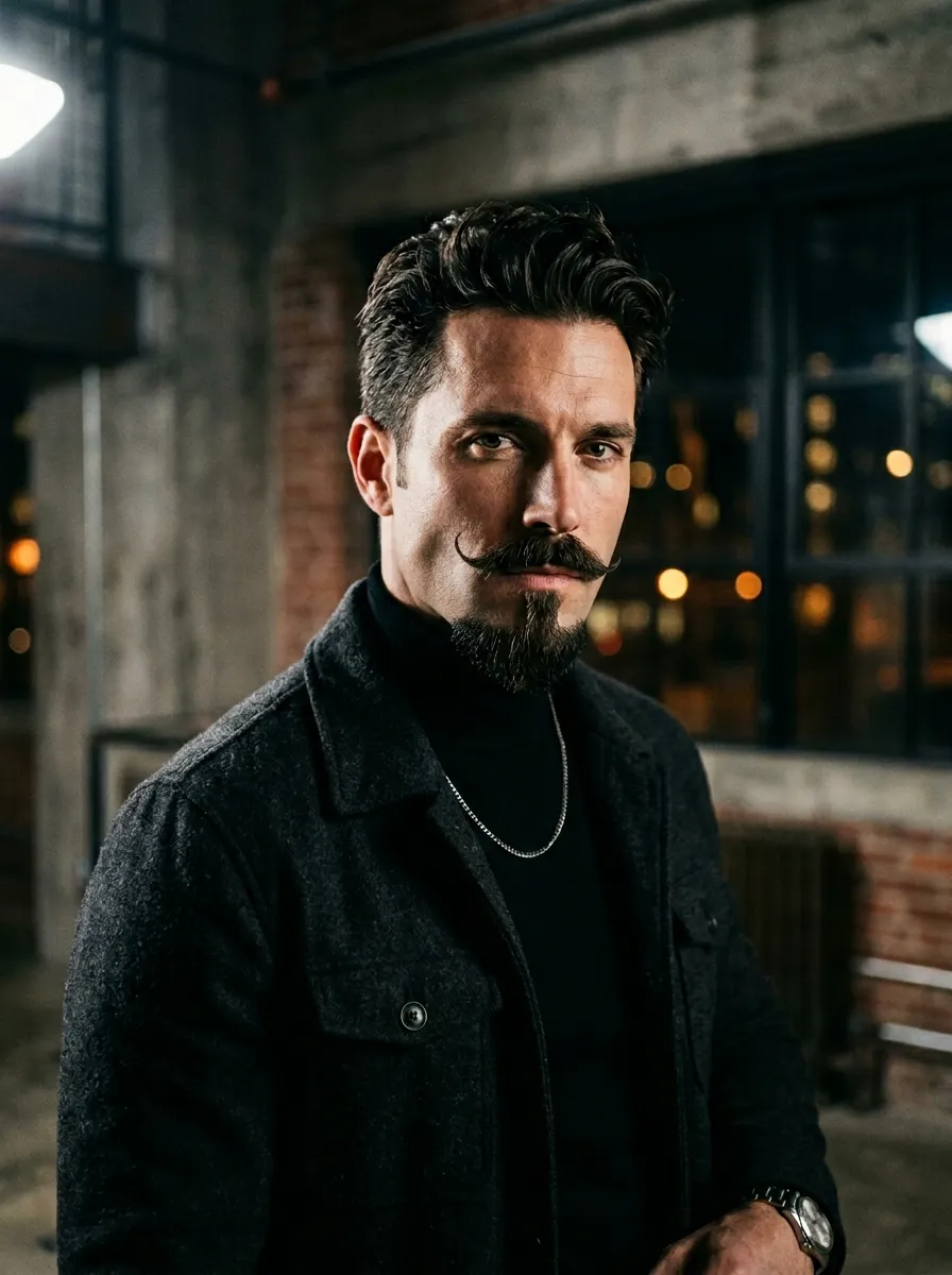 A defined anchor beard with pointed chin and connected mustache