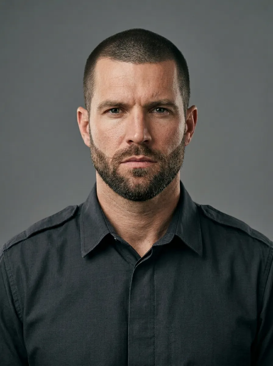 A disciplined and authoritative portrait of a man with a classic military buzz cut