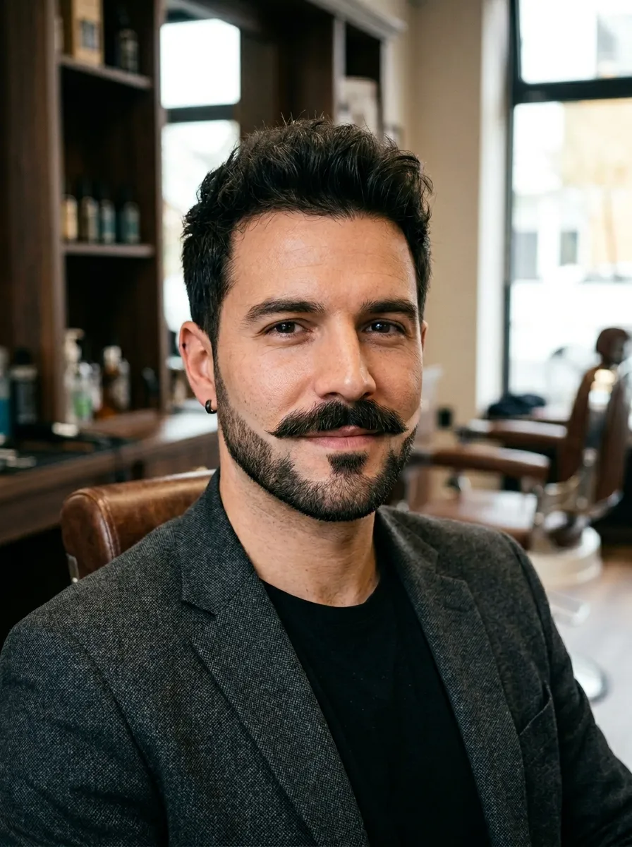 A disconnected mustache with trimmed beard