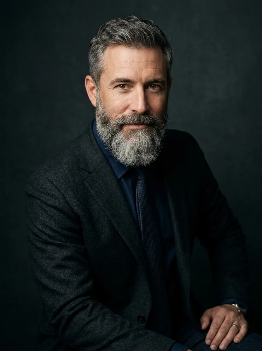 A distinguished man in his late 40s with a salt and pepper ducktail beard