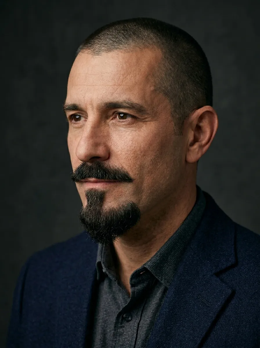 A distinguished portrait of a man with a clean buzz cut and a Van Dyke beard