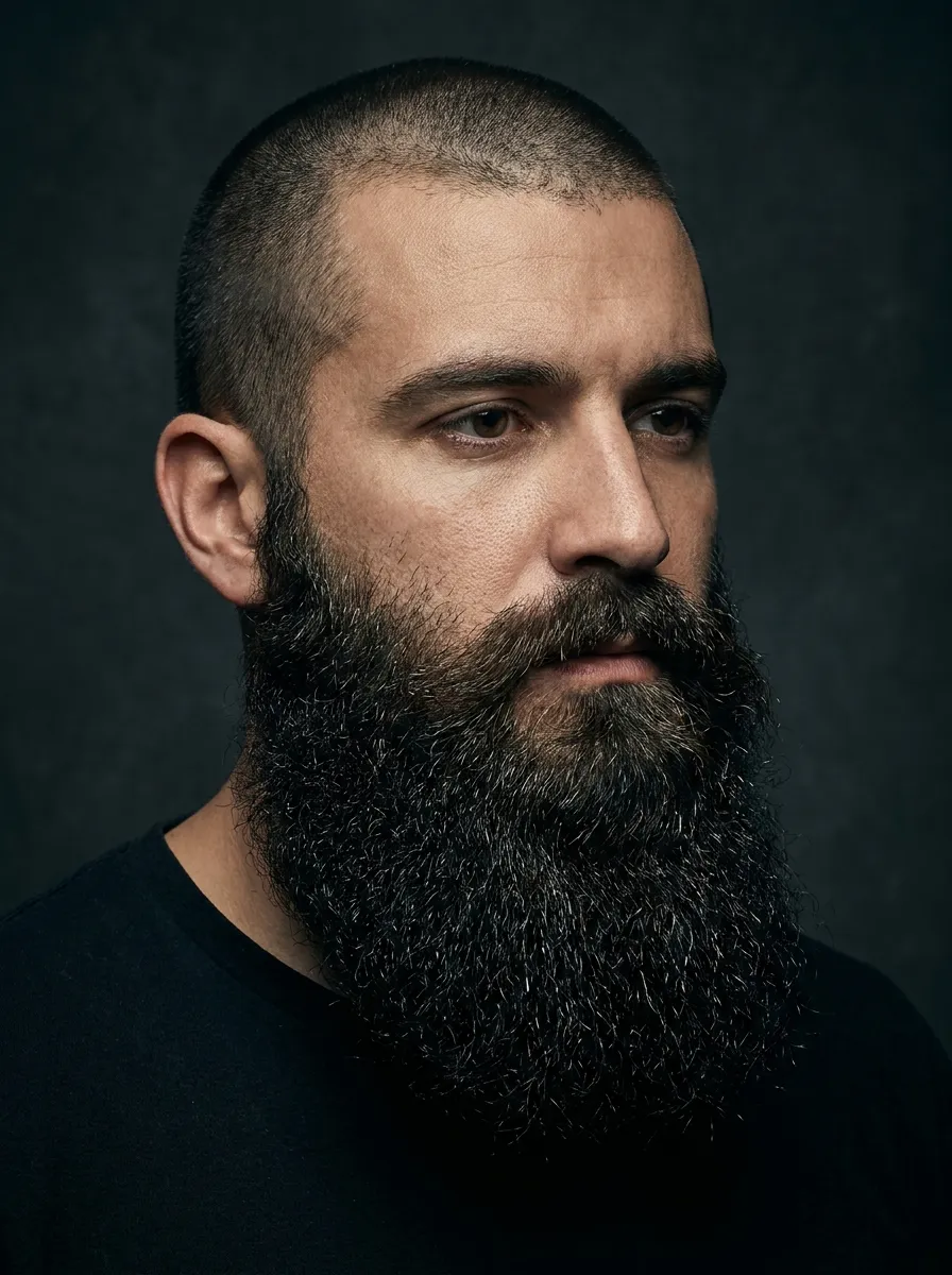 A dramatic and editorial portrait of a man with a tight uniform buzz cut paired with a naturally long full beard