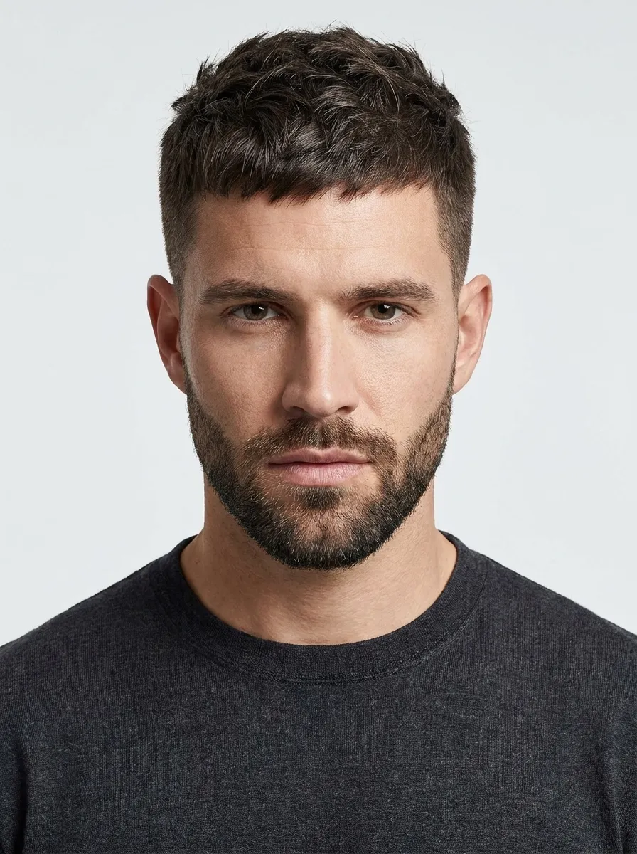 A front facing portrait of a man with a slightly longer butch cut buzz