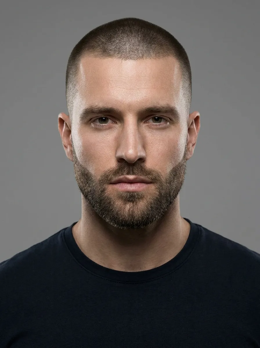 A front facing portrait of a man with a very tight number one guard buzz cut