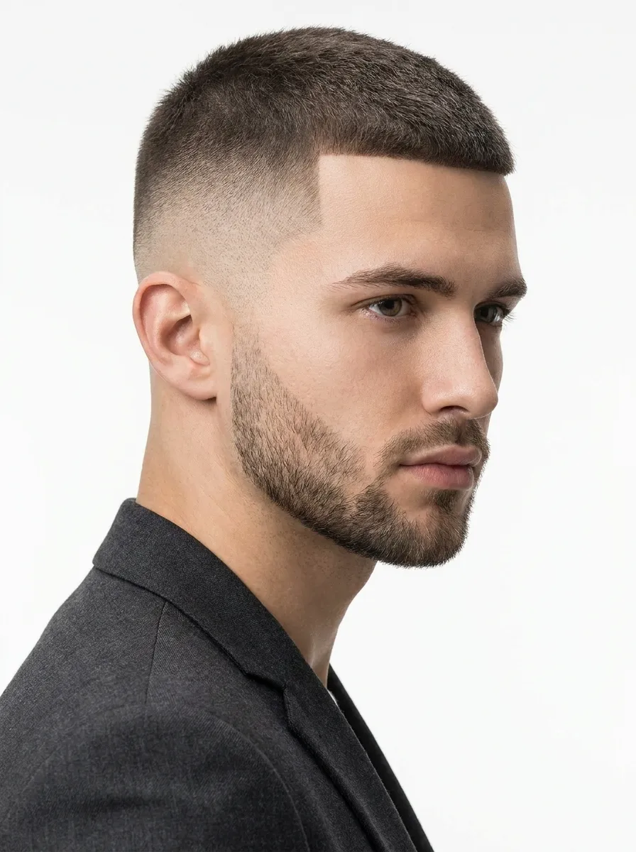 A front profile portrait of a young professional man with a well executed fade buzz cut
