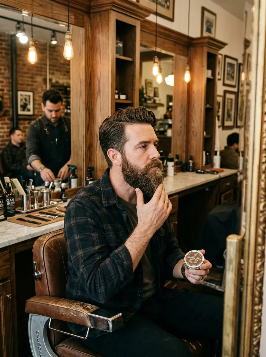 A man with a full ducktail beard sitting in a classic barber chair, applying beard balm to his well-shaped beard