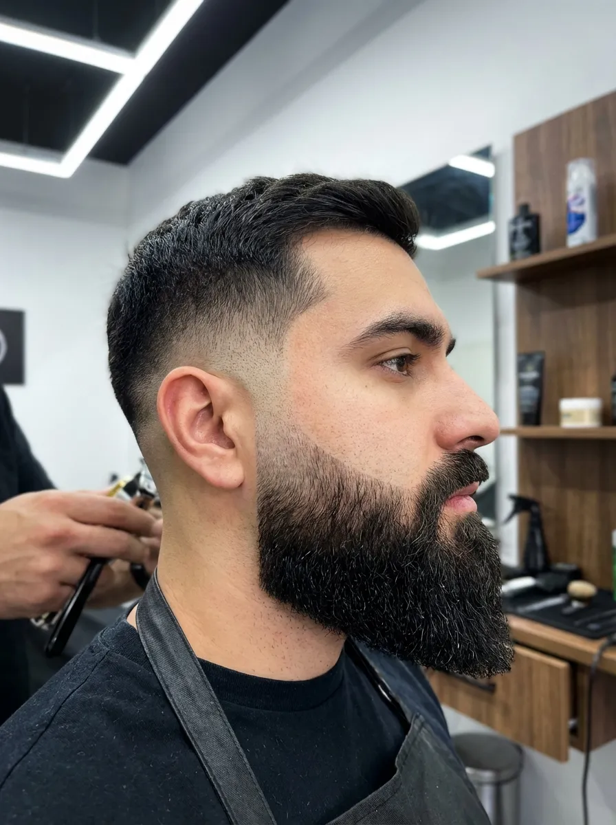 A man with a full ducktail beard where only the sideburn area transitions into a clean fade, while the cheeks and jaw remain fuller