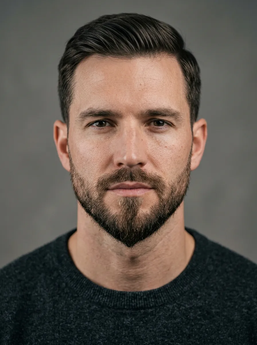 A man with a medium stubble-length ducktail beard