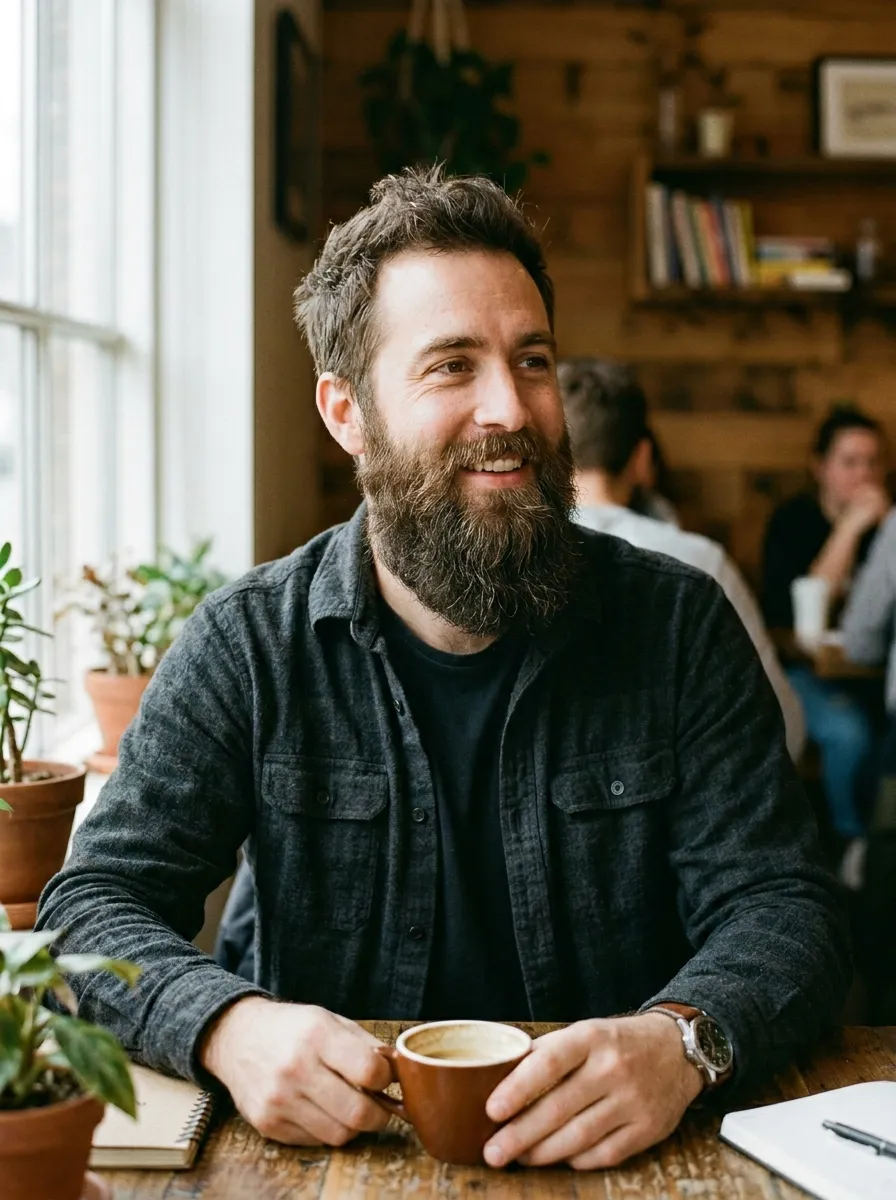 A man with a naturally full ducktail beard