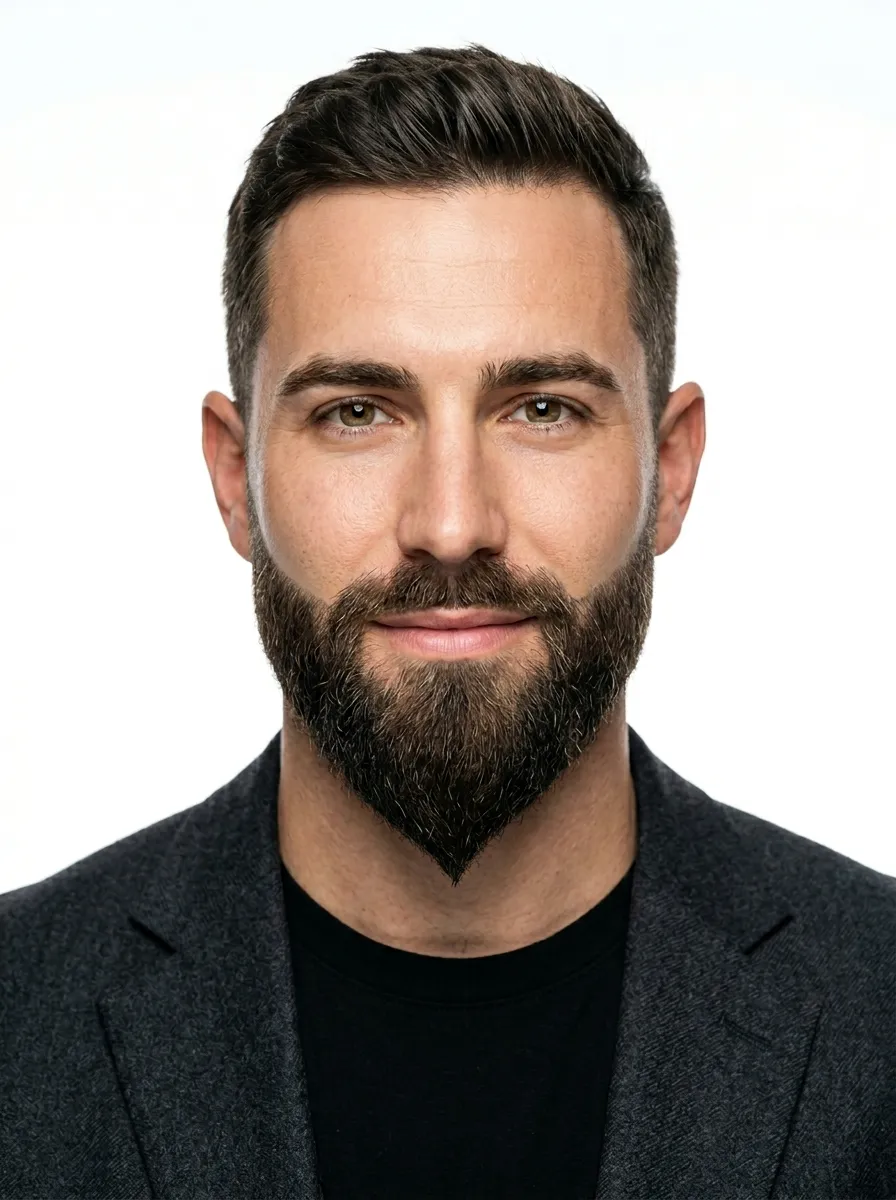 A man with a sculpted ducktail beard