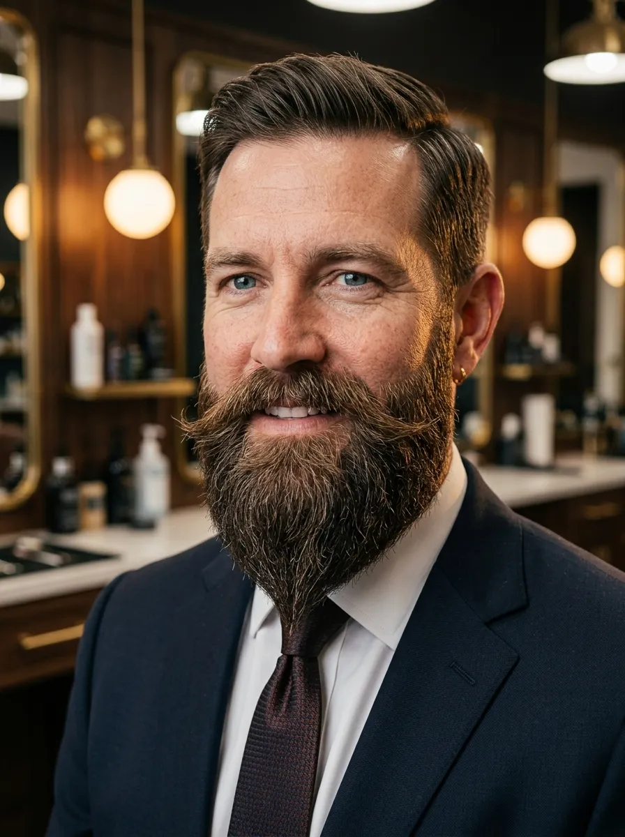 A man with a textured, layered ducktail beard