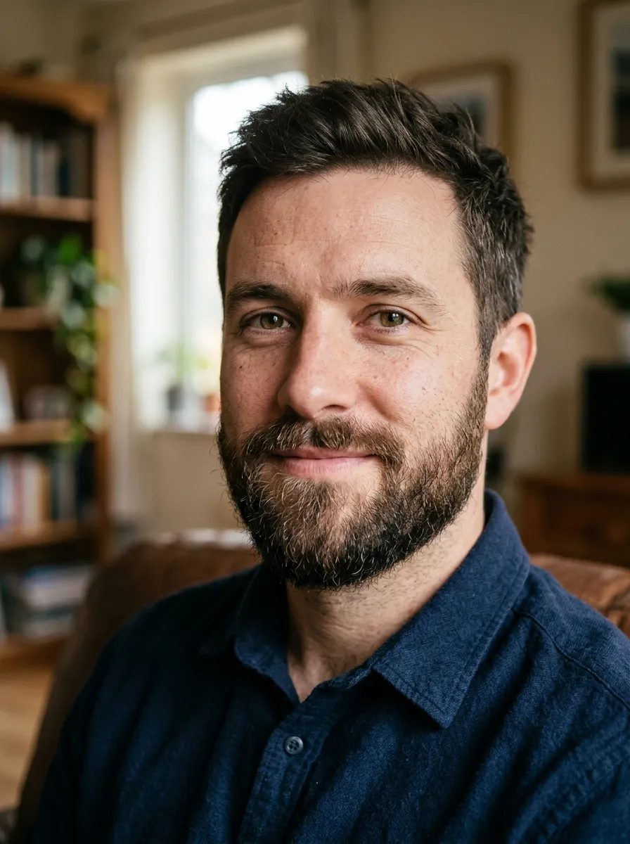 A medium beard styled to manage patchy growth