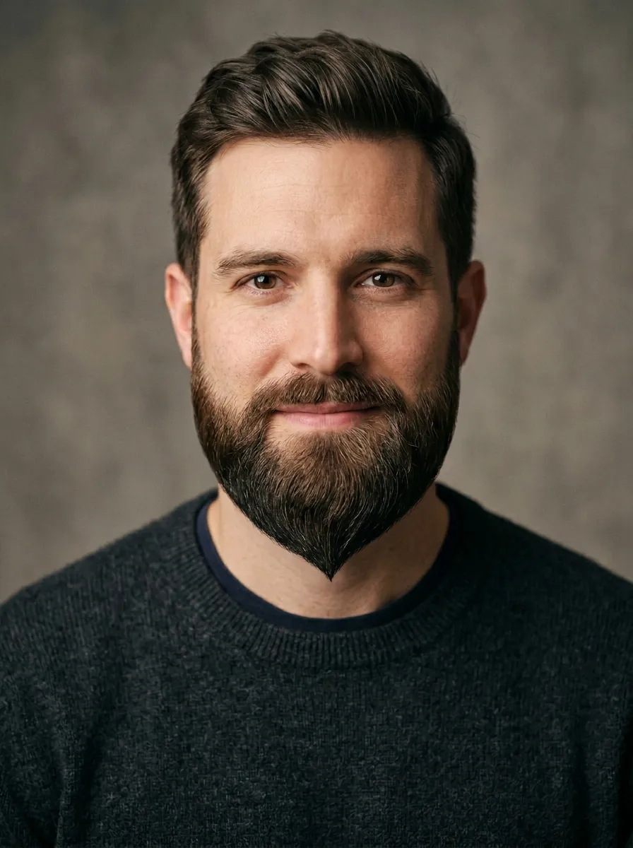 A medium beard with slightly pointed chin forming a ducktail shape