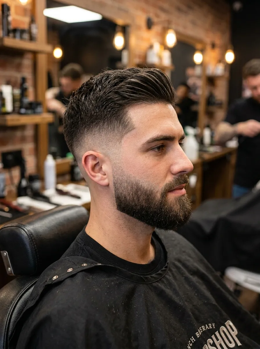A modern tapered beard blending into haircut