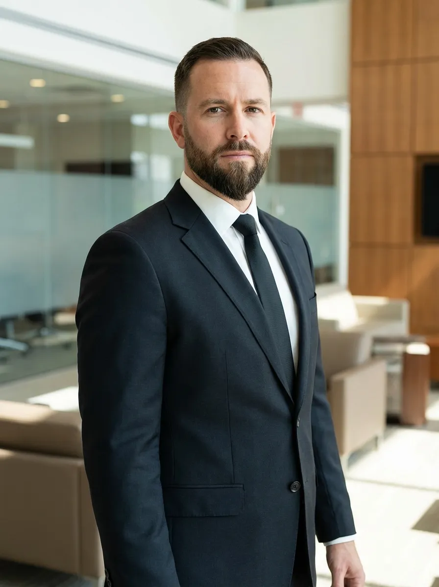 A polished professional man in a tailored suit with a close-cropped corporate ducktail beard