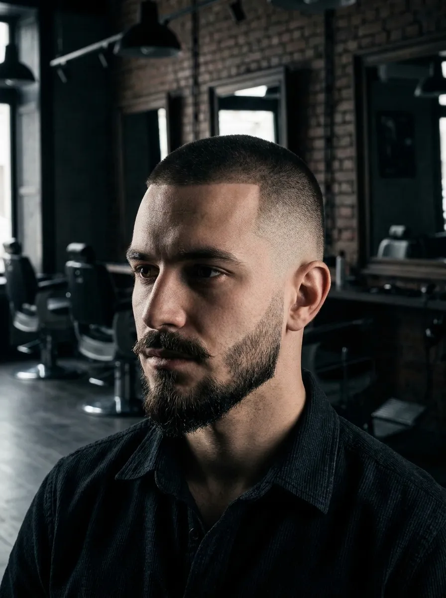 A portrait of a man with a dramatic skin fade buzz cut