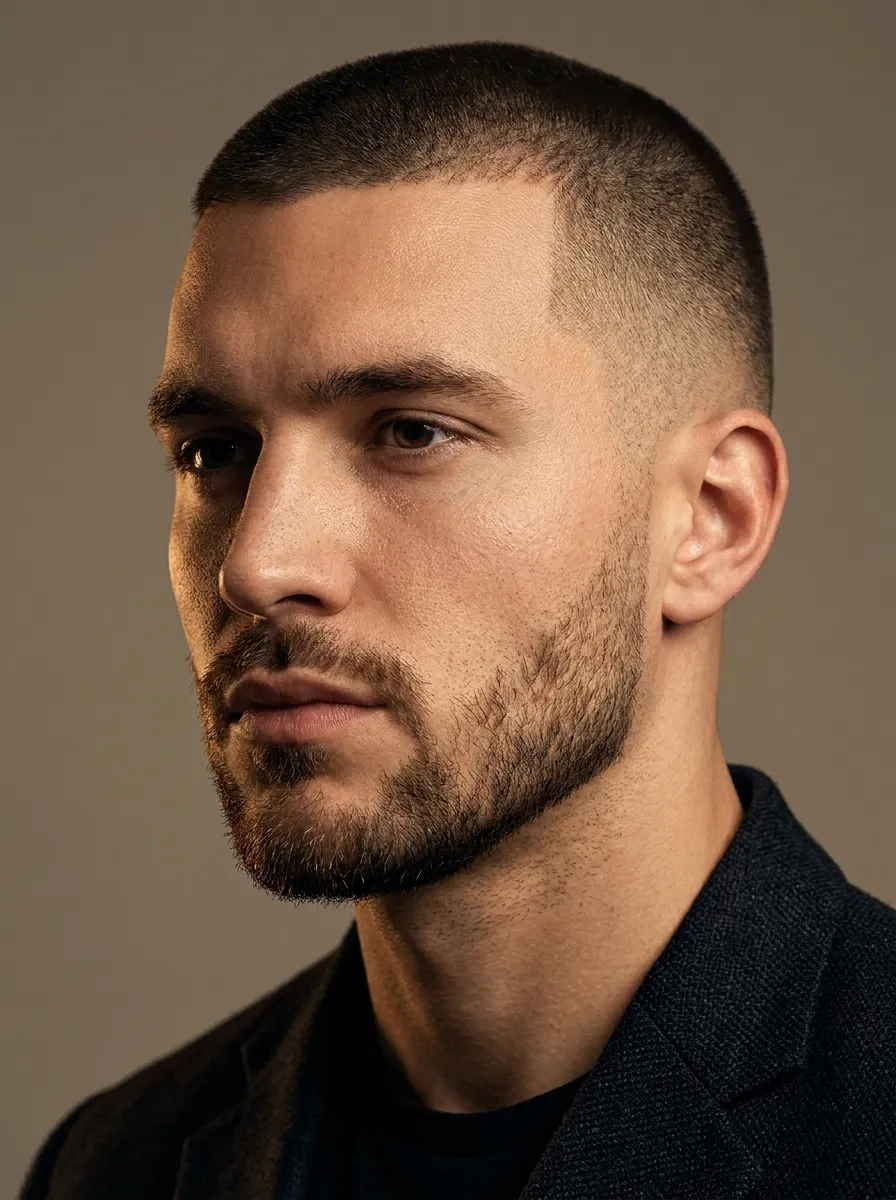 A portrait showing a man with a conservative low fade buzz cut