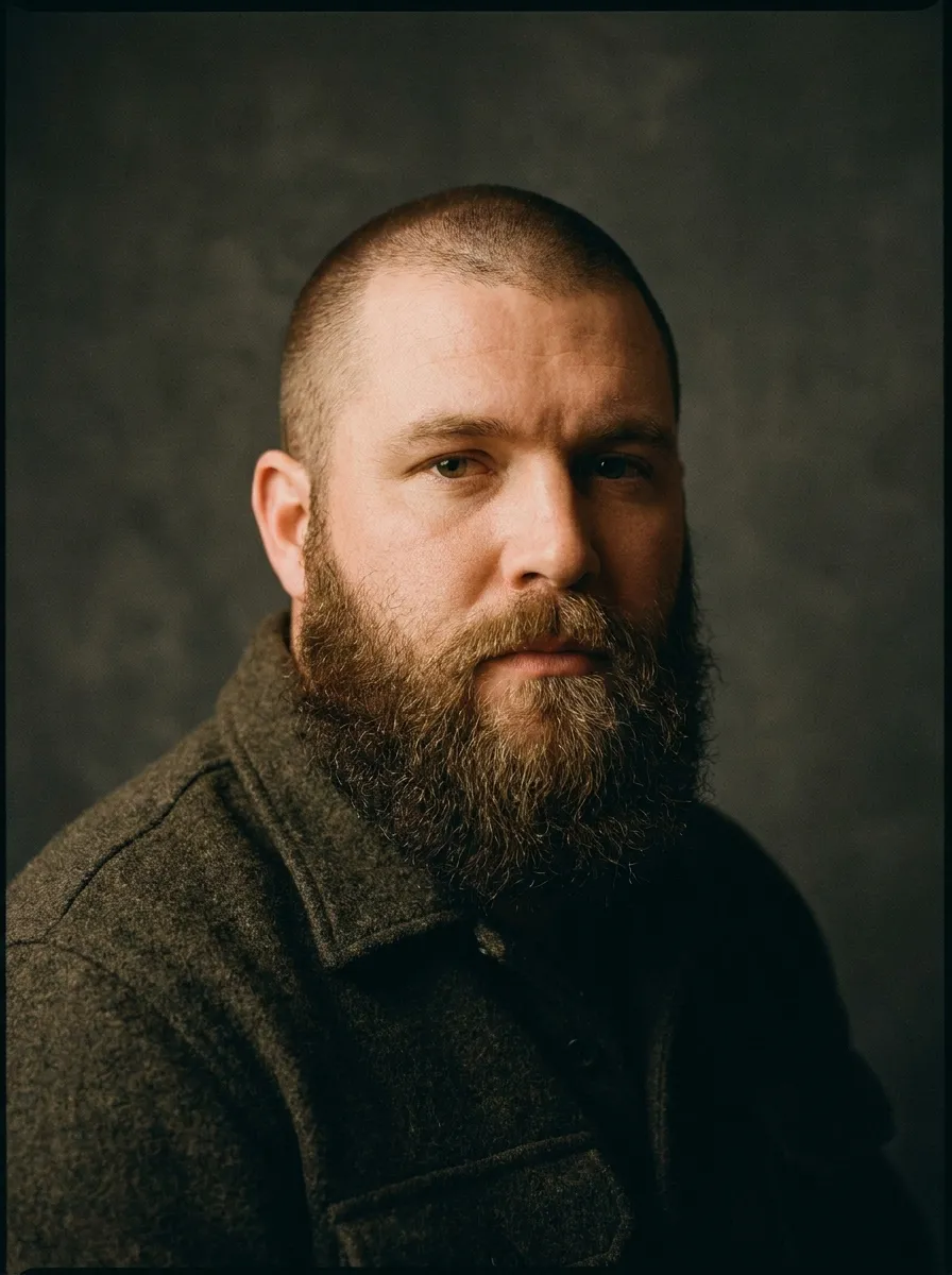 A powerful and bold portrait of a broad shouldered man with a tight buzz cut