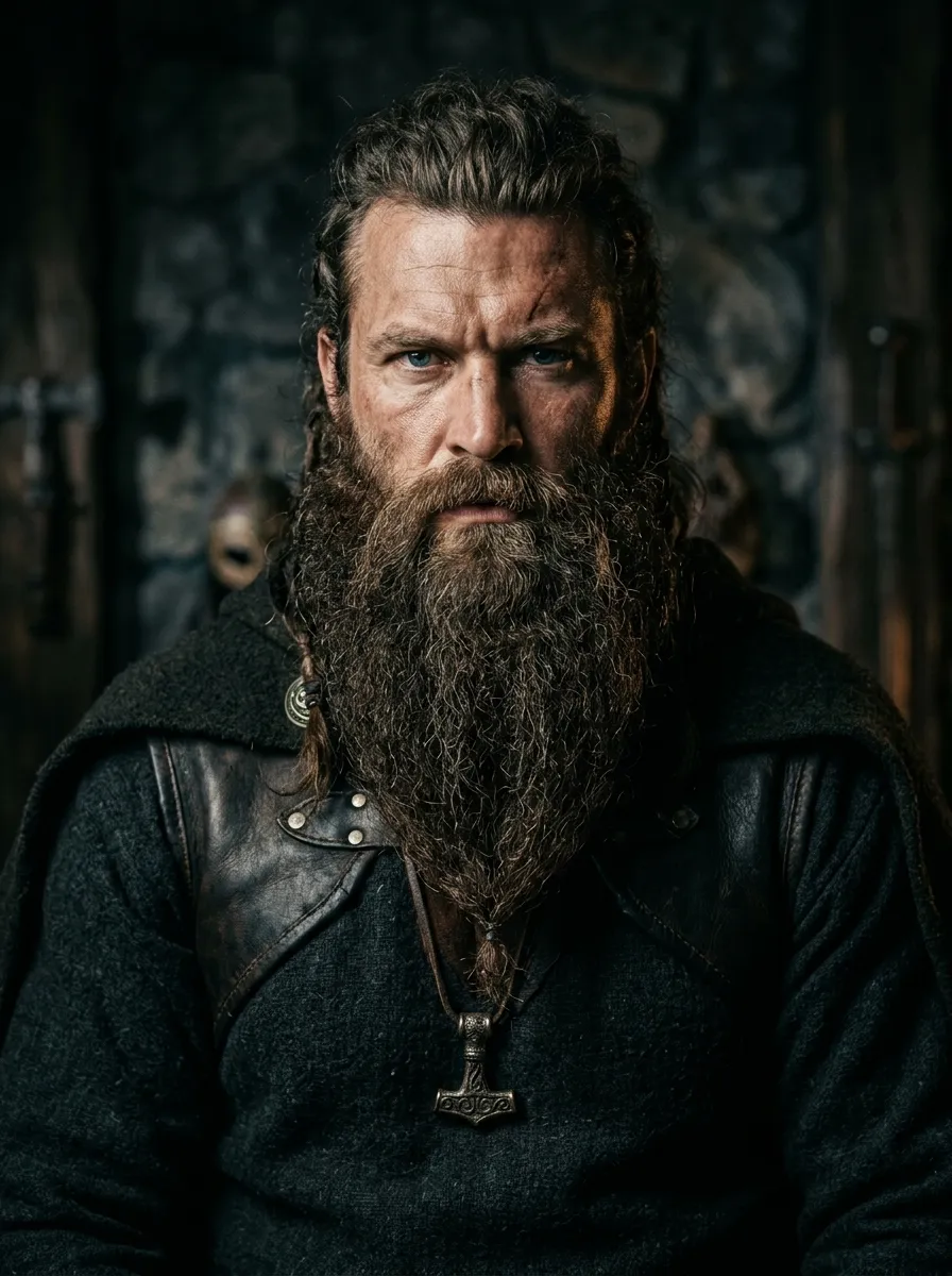 A powerfully built man with a thick, full Viking ducktail beard