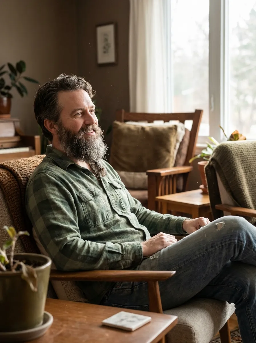 A relaxed man with a naturally grown ducktail beard