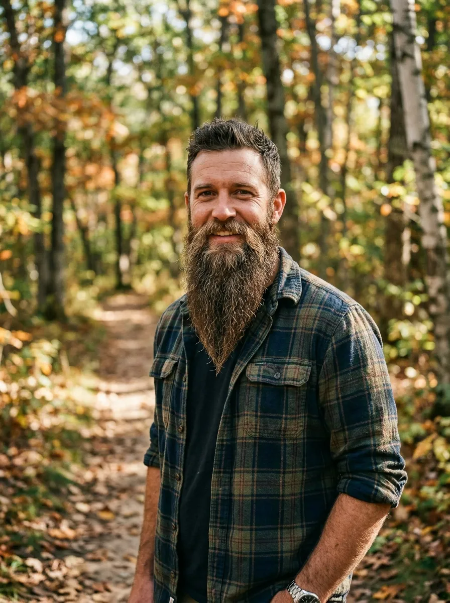 A rugged man in his mid-30s with a long, flowing ducktail beard extending several inches below the chin