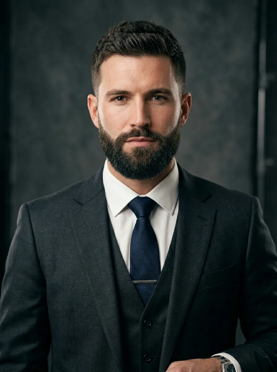 A sharply defined boxed beard with clean cheek line and neckline