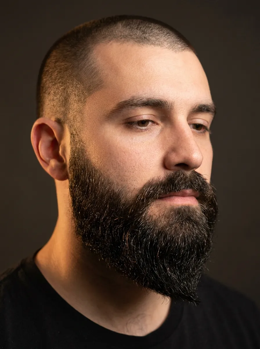 A side and three quarter angle portrait of a man with a clean buzz cut and a ducktail beard