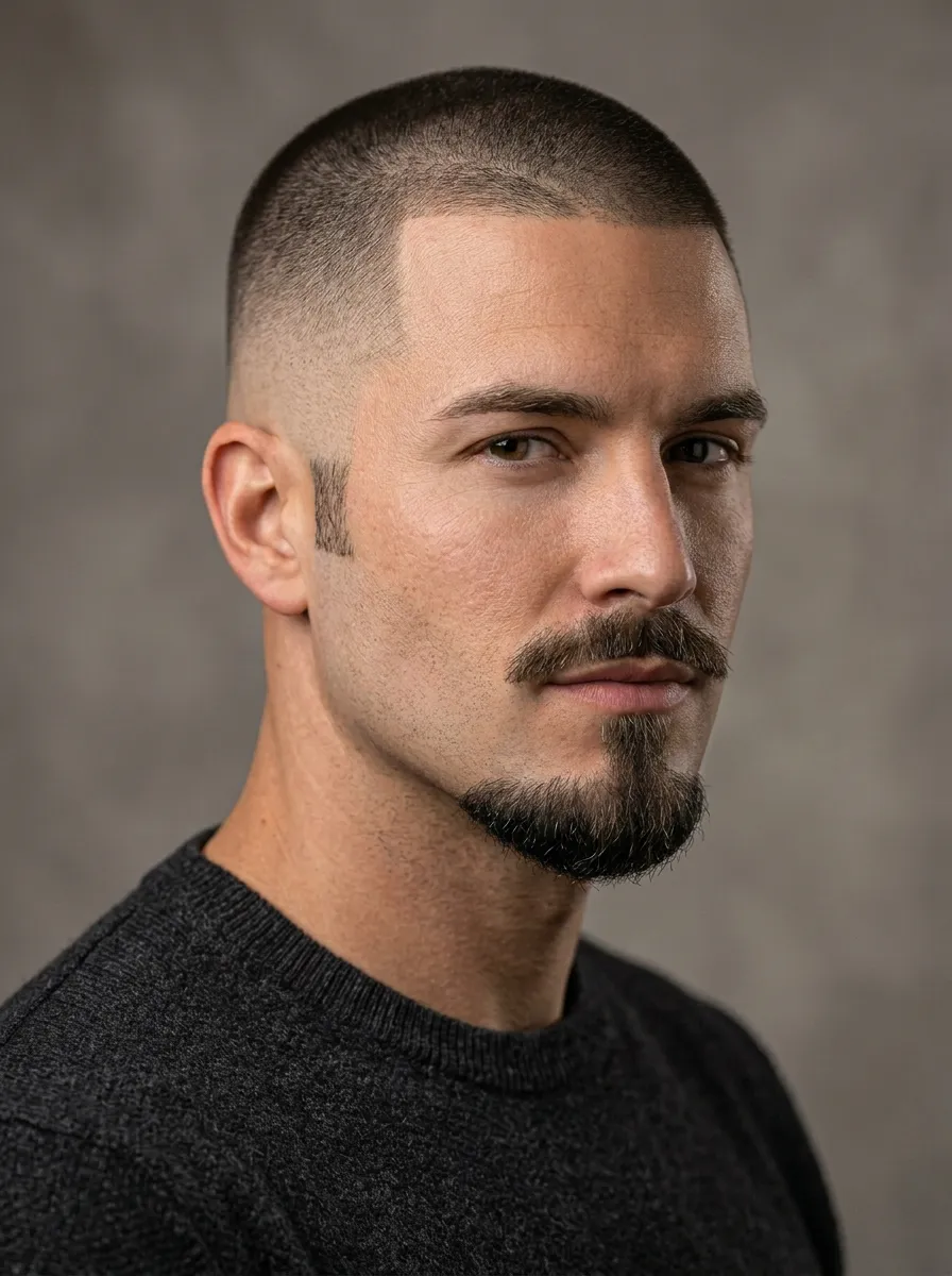 A slightly angled portrait of a man with a mid fade buzz cut