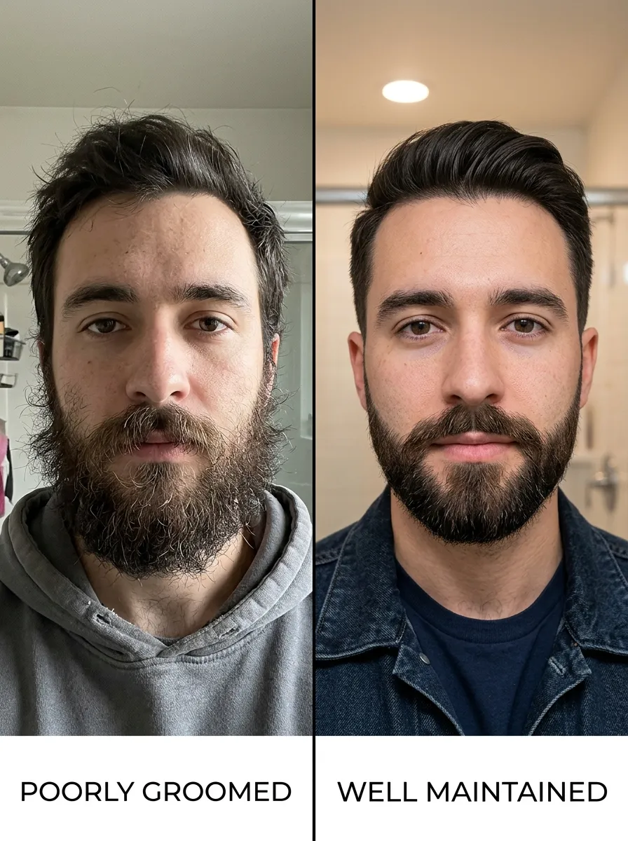 A split scene showing poorly groomed medium beard versus well maintained beard