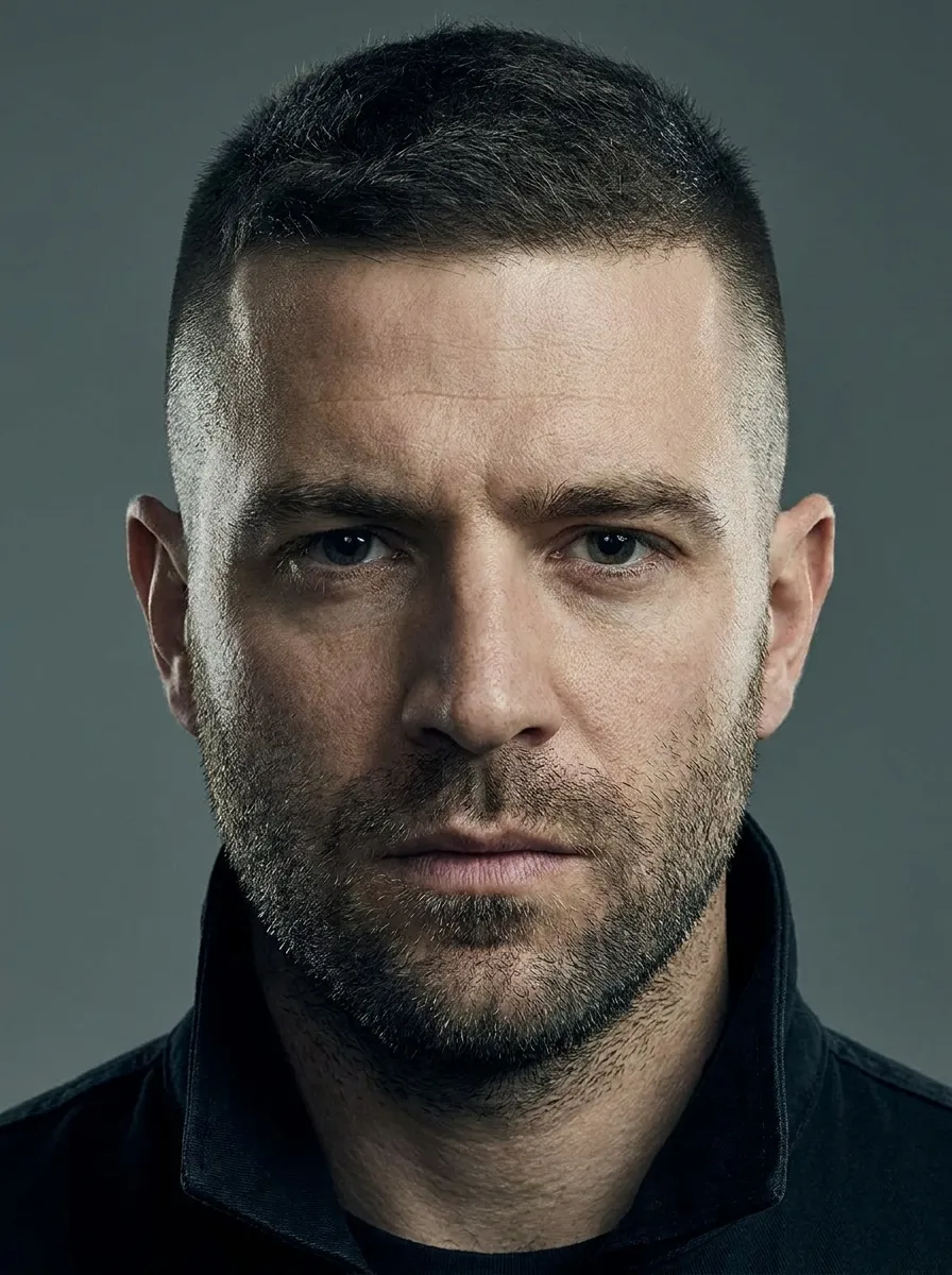 A strong, commanding portrait of a man with a classic high and tight buzz cut