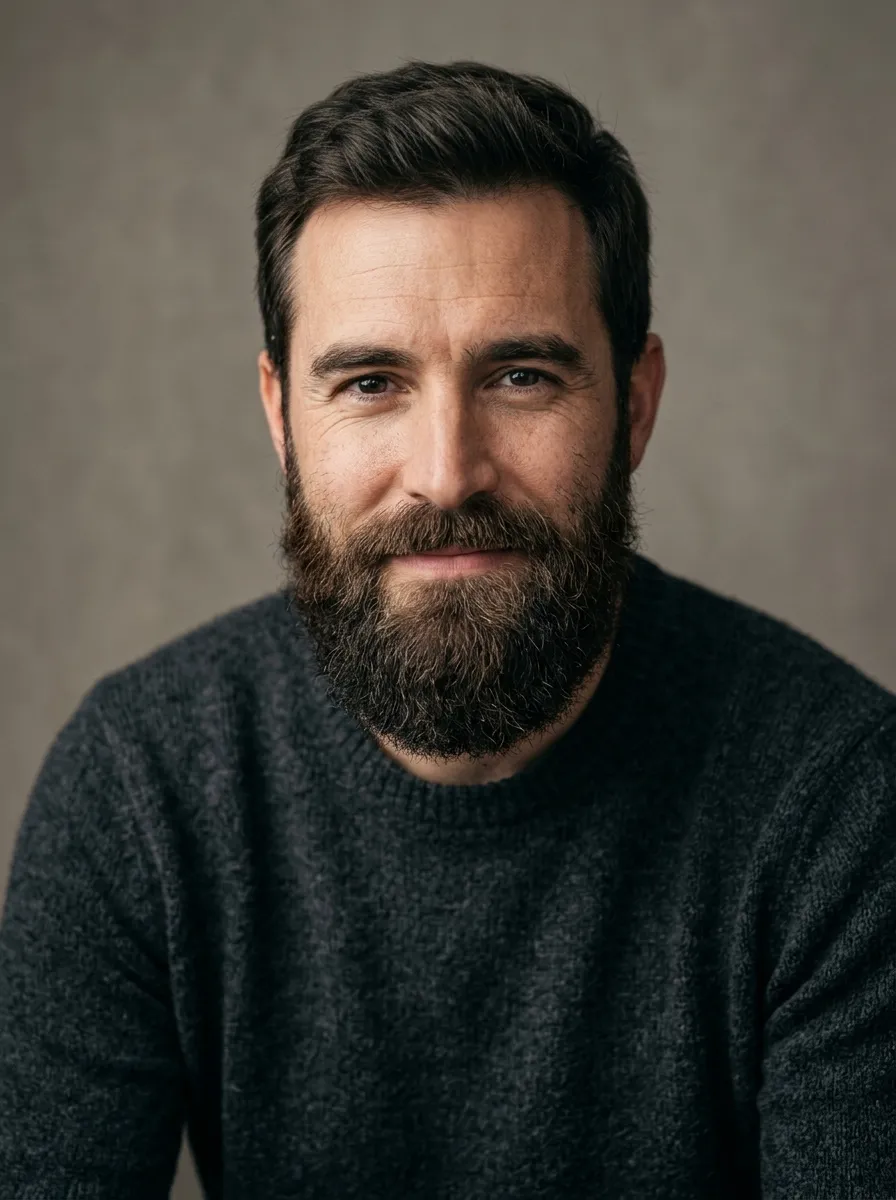 A studio portrait of a man with a full medium length beard