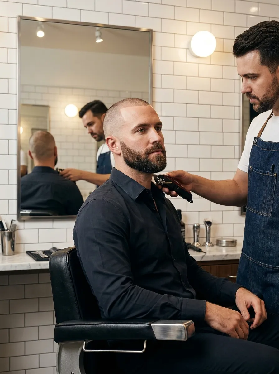A stylish man in his mid thirties seated in a modern minimalist barbershop chair, freshly groomed with a tight buzz cut and a well defined full beard