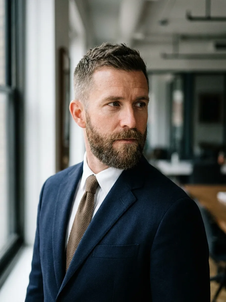 A three quarter portrait of a man in a professional business casual setting wearing a crew cut variation of the buzz cut