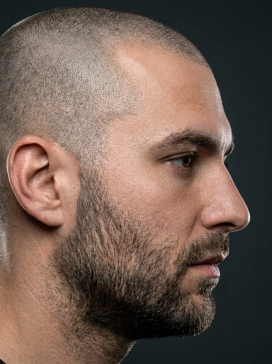 An extreme close up side profile portrait of a man with a near shaved induction buzz cut