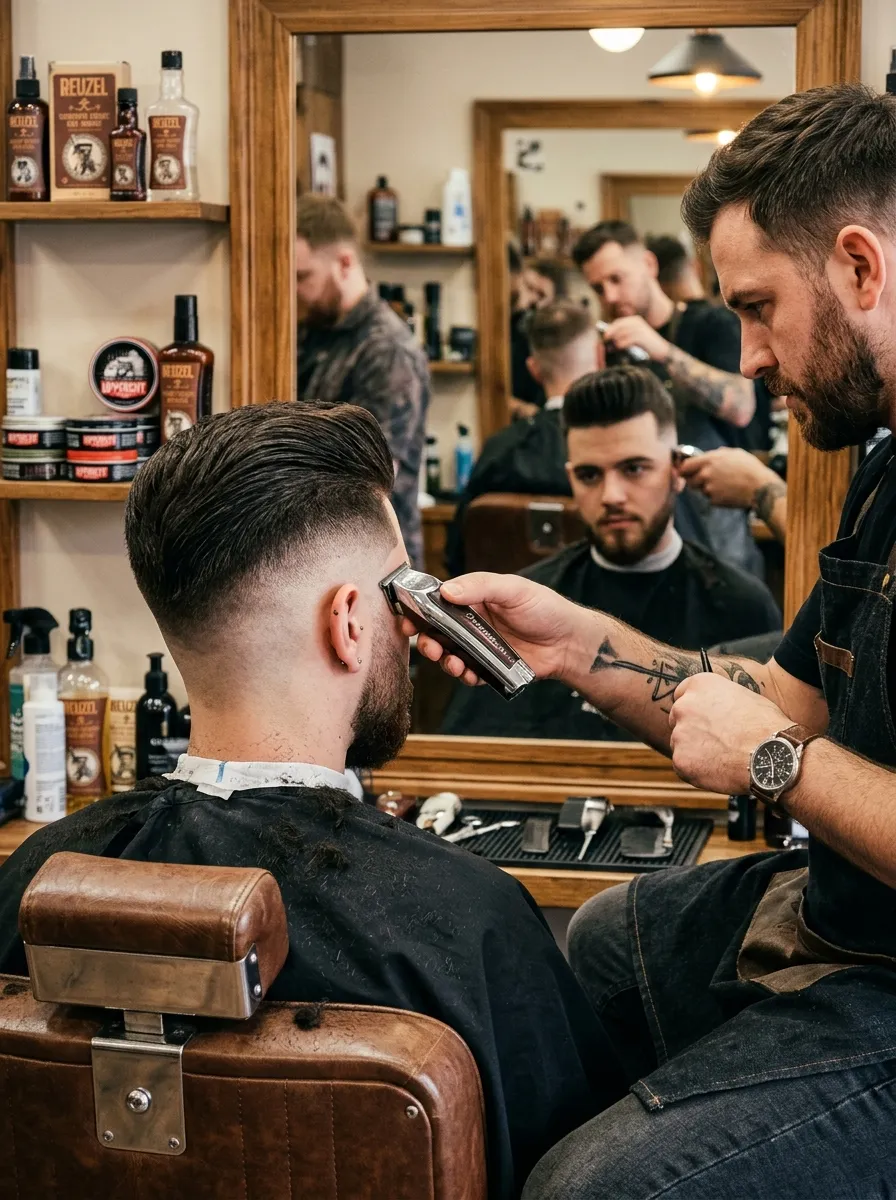 Barbershop scene showing a barber cleaning up a skin fade undercut using trimmers for edge detailing